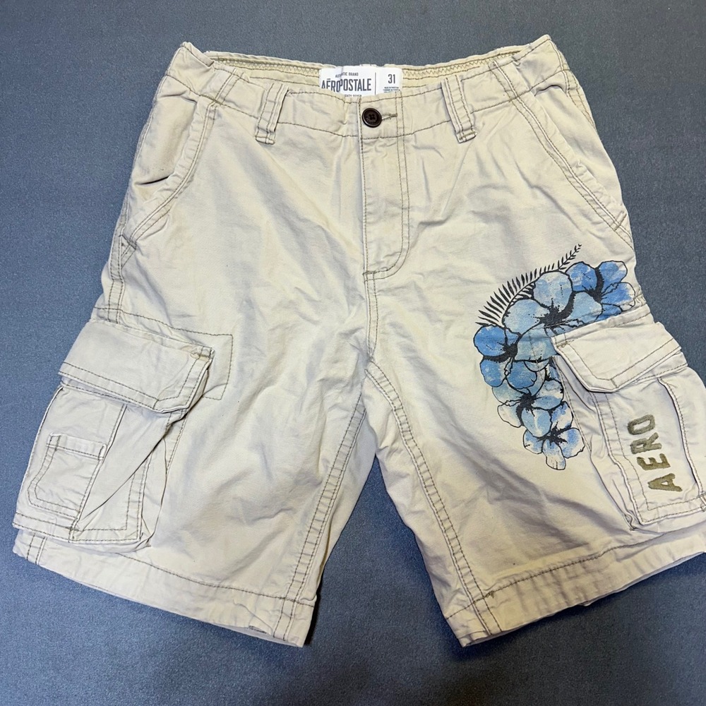 Aeropostale Cargo Shorts Mens 31 Khaki Tan Floral Graphic Utility Cotton Twill
